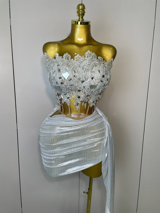 Robe courte bustier sexy à paillettes argentées scintillantes, ensemble 2 pièces, tenue de soirée, d'anniversaire, de discothèque, de chanteur, de danseuse, de scène