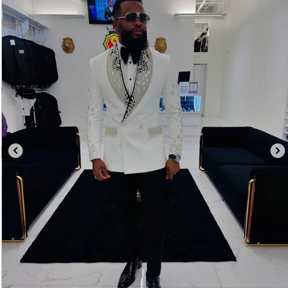 Luxury Beaded Crystals Suit Men for Wedding Customized 2 Pieces Groom Wedding Tuxedos Double Breasted Prom Blazers Costume Homme