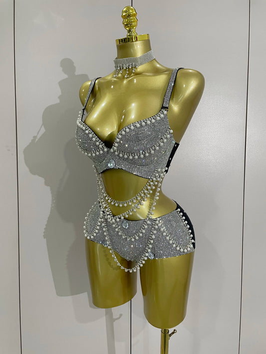Women Sparkly Diamante Pearl Chain Sexy Bikini Set Carnival Bra+Panties Rave Nightclub Party Celebrate Stage Performance Wear