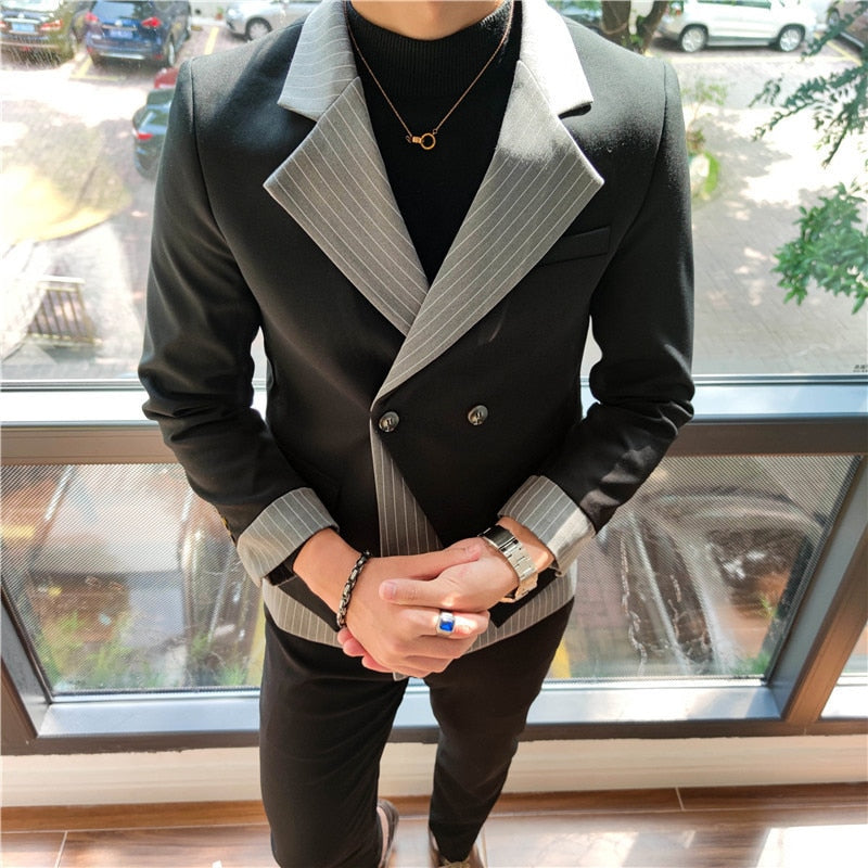 Korean Patchwork Suit 2 Piece Suit Blazer Men Suit Set Slim Fit Tuxedo Suit Blazer Suit Men Stylish Blazer Stage Party Club