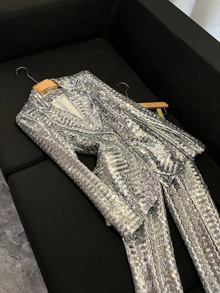 Silver Shiny Sequin Pantsuits Blazer Flared Pants Set Eye Catching Party Evening Wear Mesh Sequin Pants Set Outfits