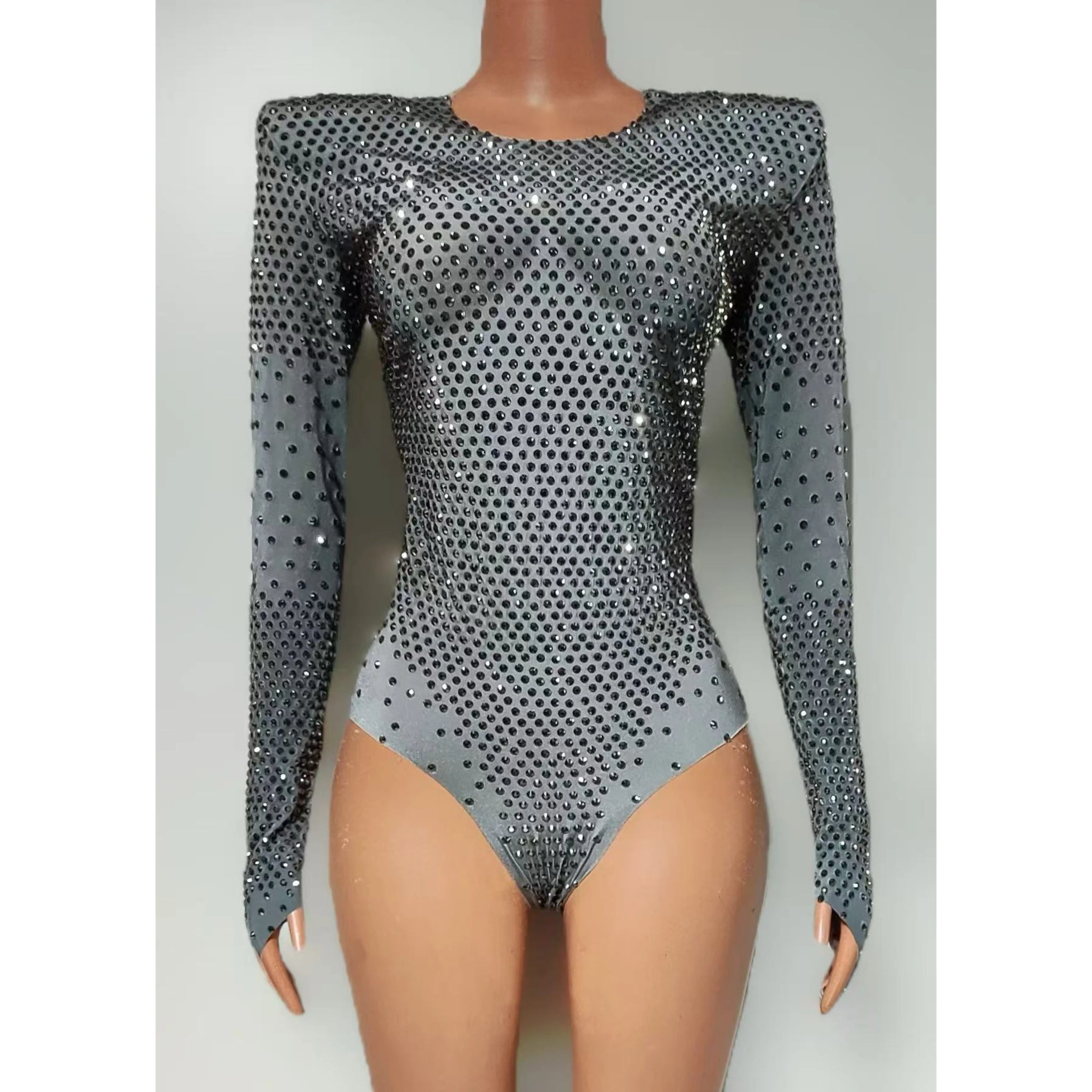 High Street Rhinestones Tight Bodysuit Women Sexy Long Sleeve Performance Dance Costume Nightclub Bar Celebrate Stage Leotard