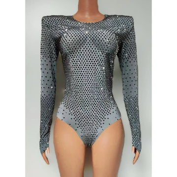High Street Rhinestones Tight Bodysuit Women Sexy Long Sleeve Performance Dance Costume Nightclub Bar Celebrate Stage Leotard