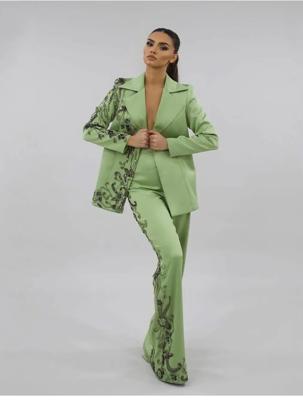 Blazer de mujer con cuentas hechas a mano, trajes con apliques, corte entallado, traje formal para fiesta de noche, boda, 2 piezas