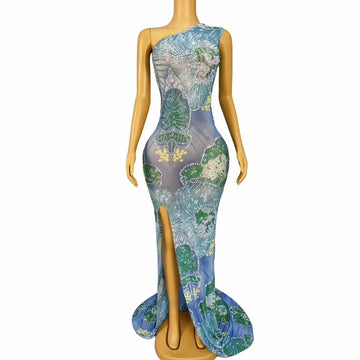 Special Shiny Rhinestones Pearls One Shoulder Trailing Dress High Split Women Elegant Party Evening Celebrate Photoshoot Costume