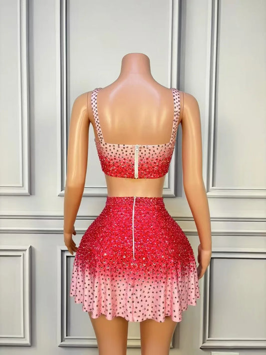 Women Sparkly Rhinestones Sexy Stage Dress Mesh Sleeveless See Through Celebrate Evening Prom Birthday Photoshoot Dress Set