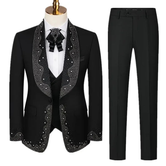 Luxury Wedding Suit for Fashion Men Beaded Slim Fit Groom Tuxedo Gentleman Party Suit 3 Pieces (Jacket+Pants+Vest)