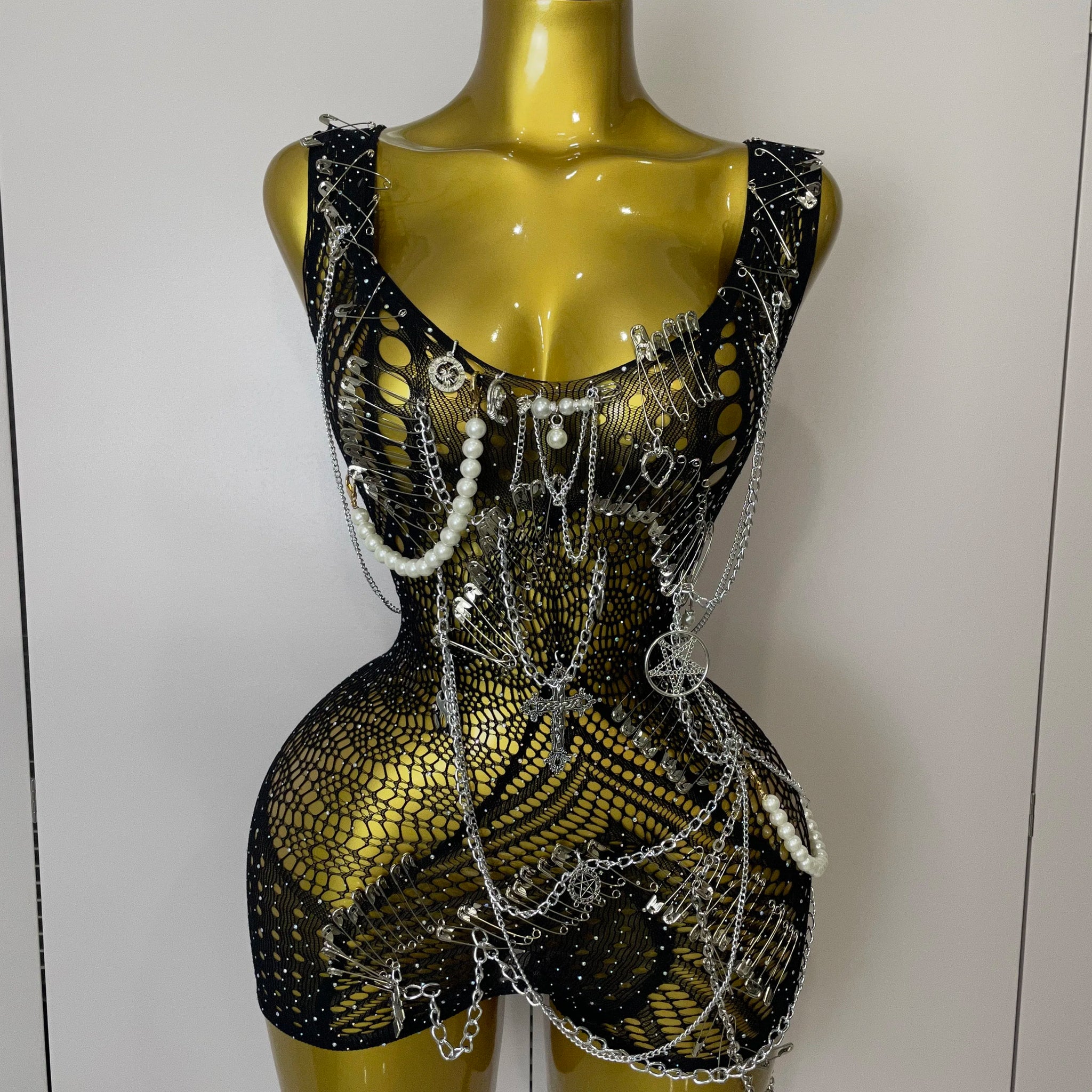 Body transparent sexy pour femme, robe fourreau noire à épingles, mini-robe de soirée, fête d'anniversaire, boîte de nuit, chanteur, danseur, costume de performance