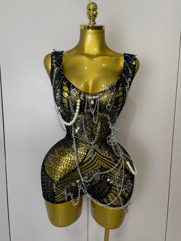 Body transparent sexy pour femme, robe fourreau noire à épingles, mini-robe de soirée, fête d'anniversaire, boîte de nuit, chanteur, danseur, costume de performance