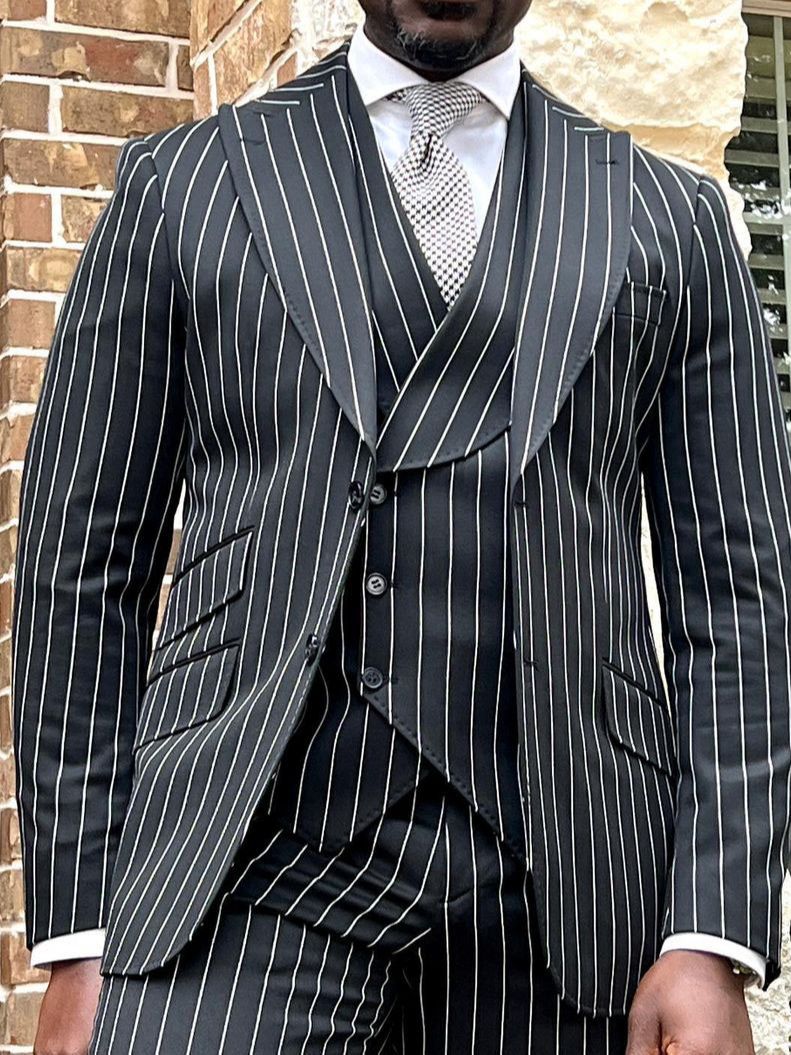 Costume classique noir pour homme d'affaires, veste trois pièces, gilet, pantalon, rayures, sur mesure, créateur, mariage, occasion formelle 