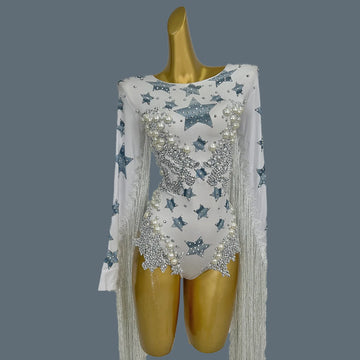 Body à grosses perles et strass pour femme, combinaison longue à franges, tenue de soirée, de discothèque, de danse, justaucorps 
