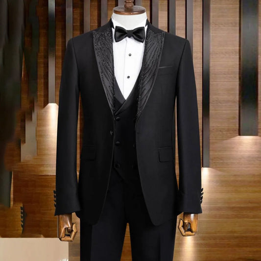 Customized Unique Design Men Suits Wedding Groom Tuxedos Beaded Crystals 2 Pieces Sets Male Prom Blazers Party Costume Homme