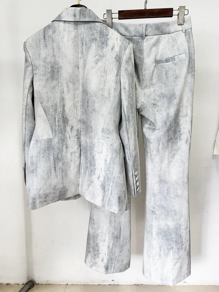 Fashion Designer Suit Set Women's Tie Dye Printed Slim Mid Length Blazer  Long Pants Set 2PCS