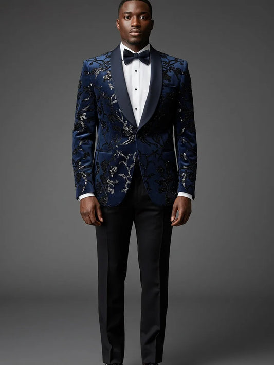 Simple Men's Suit Grid Jacquard Tailor-Made 2 Pieces Set Jacket Sequins Blazer One Button Groom Customized Coat Pants