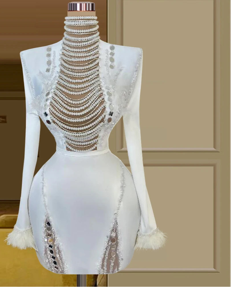 Haute Coutures White Mini Mermaid Cocktail Dresses for Women High Neck Sexy Evening Prom Party Dresses Vestidos