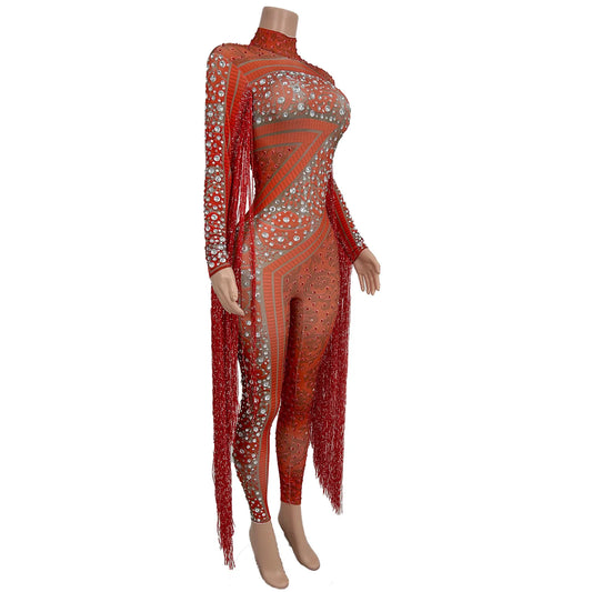 Carnival Sparkly Rhinestone Long Tassel Skinny Jumpsuit Sexy Women Night Party Stage Dance Show Outfit Spandex Jumpsuit