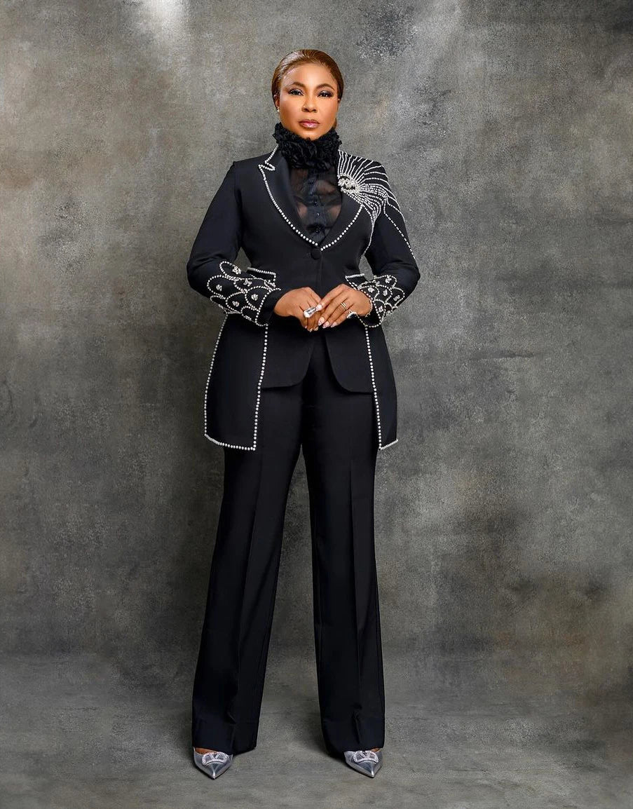 Crystal Beaded Women Pants Suits 2 Pcs Handmade Haute Couture Blazer Jacket And Pants Suits Customized Wedding Guest Formal Wear