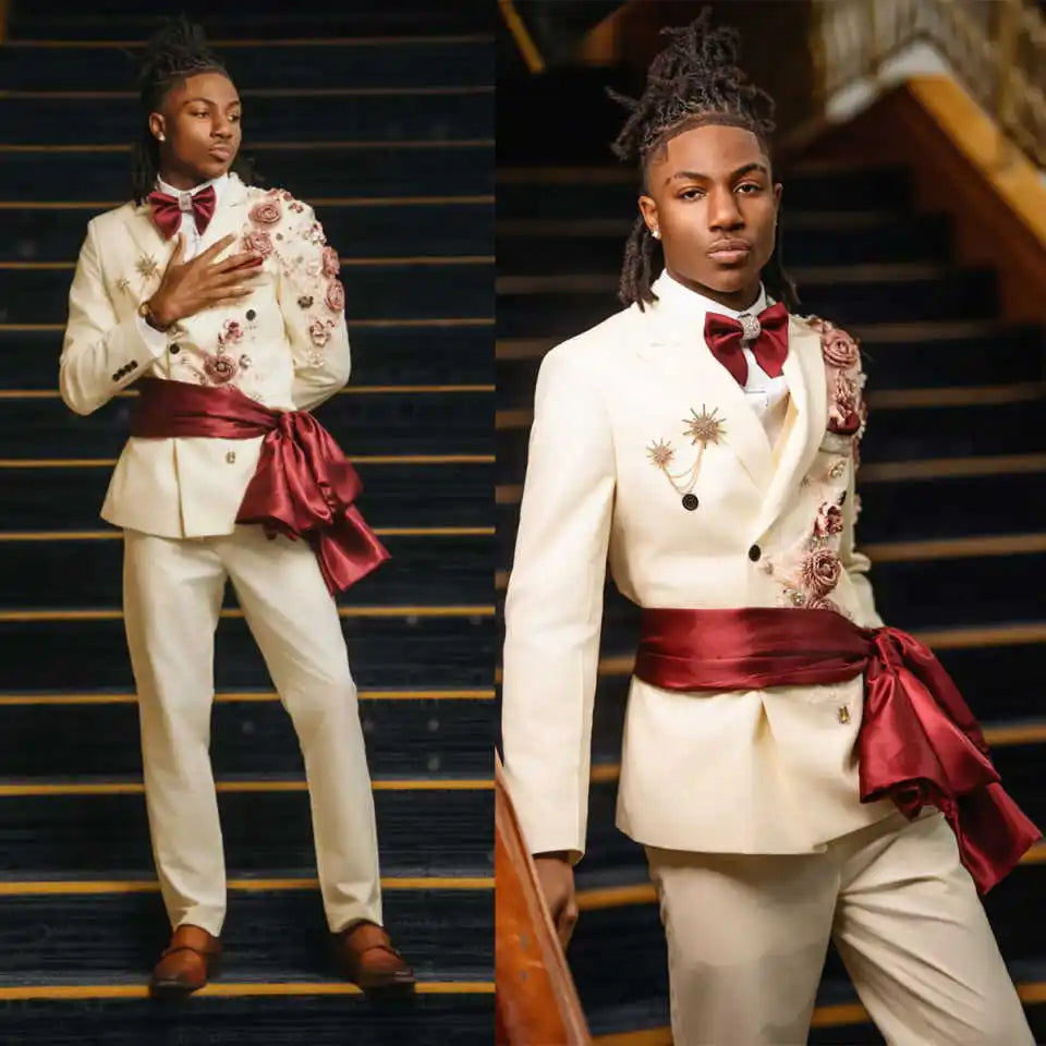 Tailored Men Pants Suits Peaked Lapel 3D Flowers Beads Groom Wedding Party Tuxedos Male Pants Sets Customized