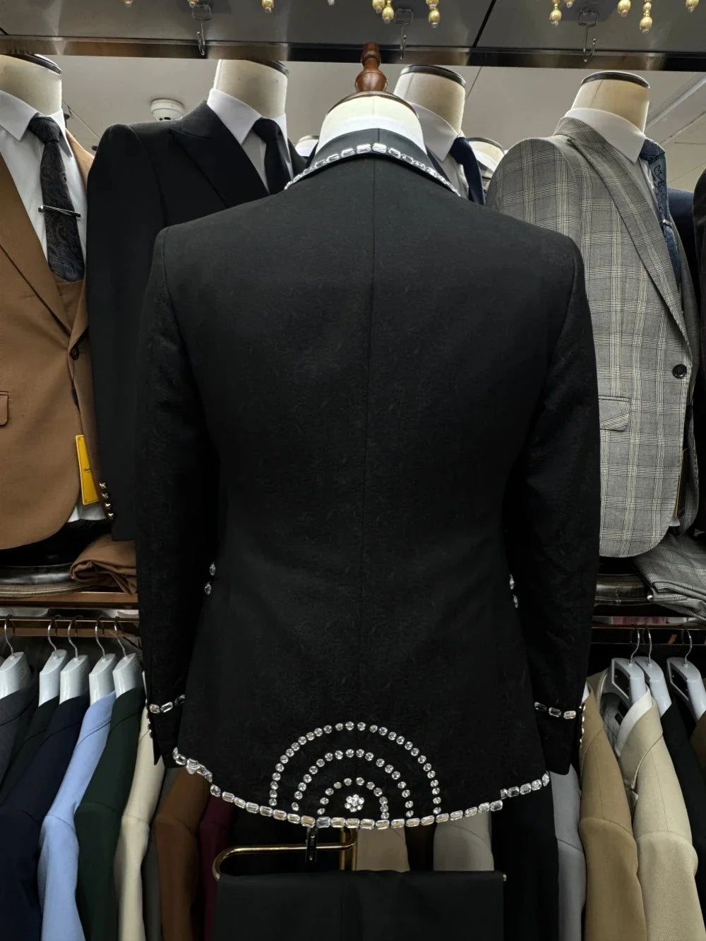 Retro Men Suits Shawl Lapel Tailor-Made 2 Pieces Jacquard Crystal Jacket Blazer One Button Groom Evening Customized Coat Pants