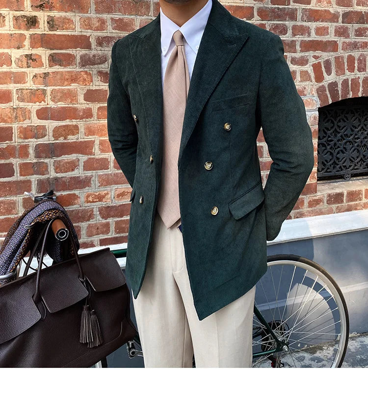 Blazer croisé élégant en velours côtelé bleu pour homme – Veste de costume slim de luxe pour mariages, dîners et événements spéciaux