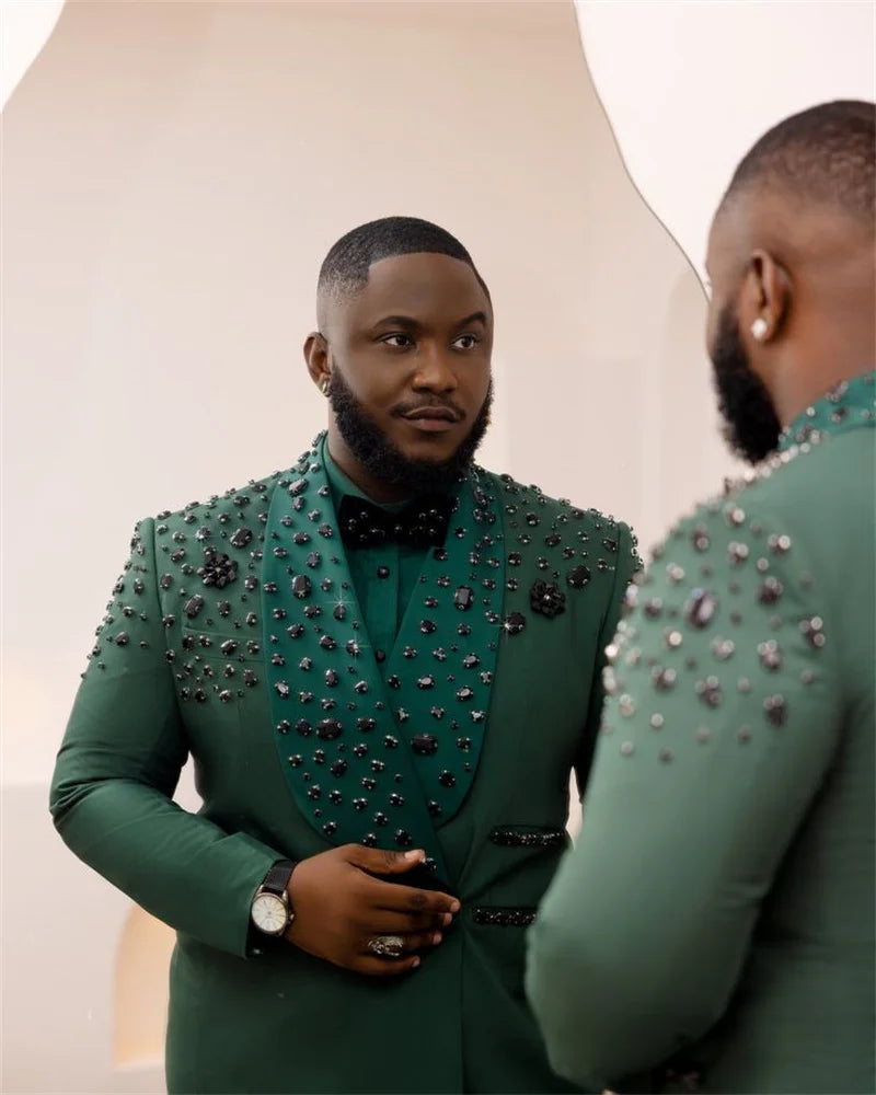 Green Men Suits Set 2 Pcs Crystals Blazer+Pant Trousers Wedding Tuxedos Cotton Formal Office Groom Prom Jacket Business Coat