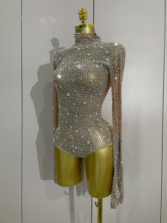 Sparkle Rhinestones Long Sleeve Gloves Stretch Bodysuits Women Evening Luxury Birthday Party Sexy Nightclub Stage Costumes