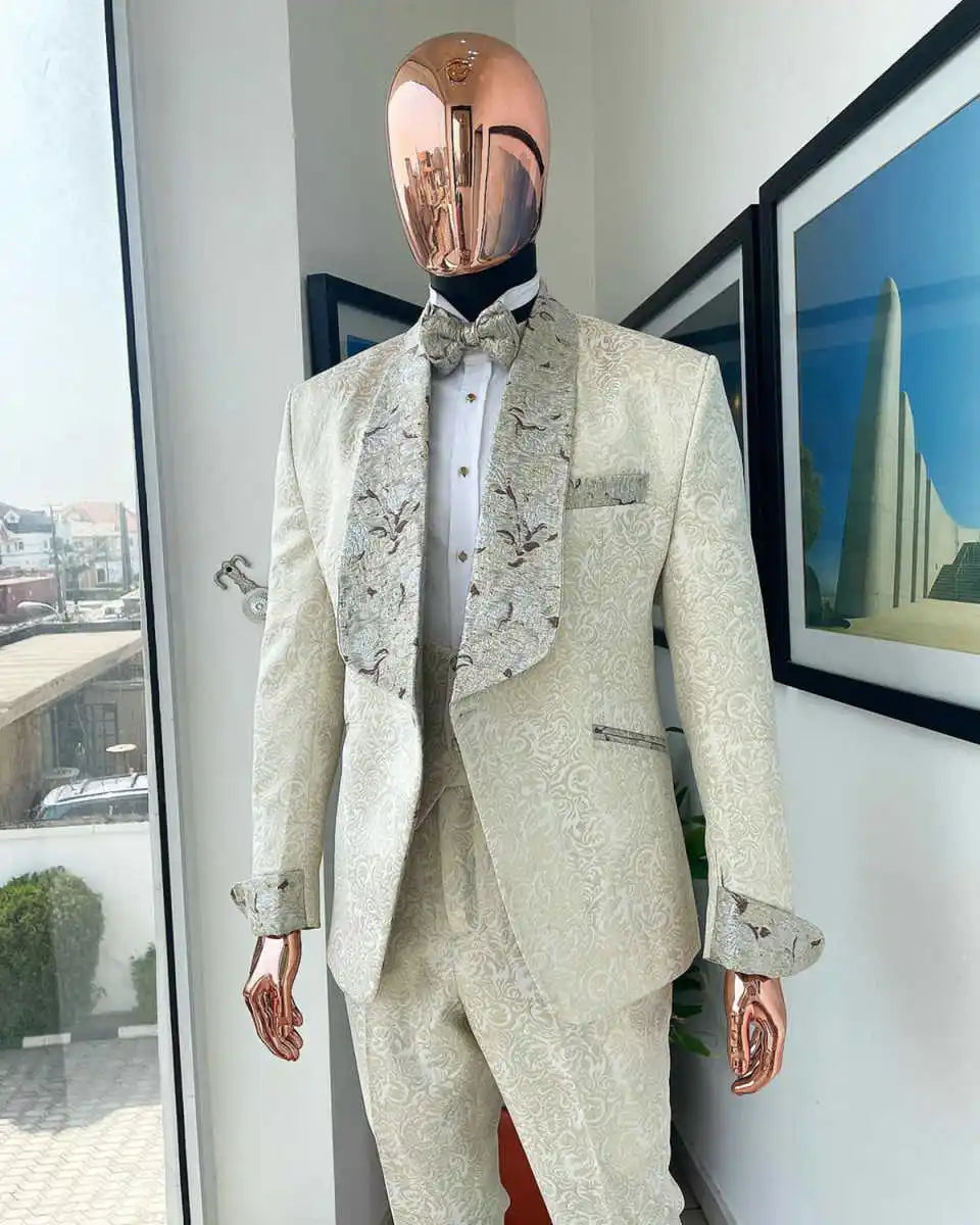 Elegant Wedding Tuxedos Jacquard One Button Men Suit Shawl Lapel 3 Piece Set Jacket Vest Pants Evening Groom Blazers Customized