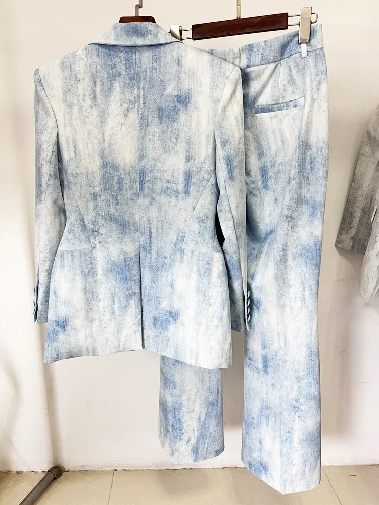 Fashion Designer Suit Set Women's Tie Dye Printed Slim Mid Length Blazer  Long Pants Set 2PCS