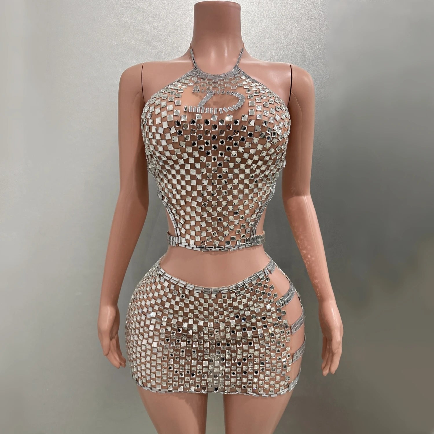 Costume deux pièces sexy transparent pour femme, mini-robe fourreau avec cristaux brillants et diamants argentés, idéal pour une fête d'anniversaire ou une performance