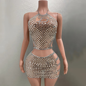 Costume deux pièces sexy transparent pour femme, mini-robe fourreau avec cristaux brillants et diamants argentés, idéal pour une fête d'anniversaire ou une performance