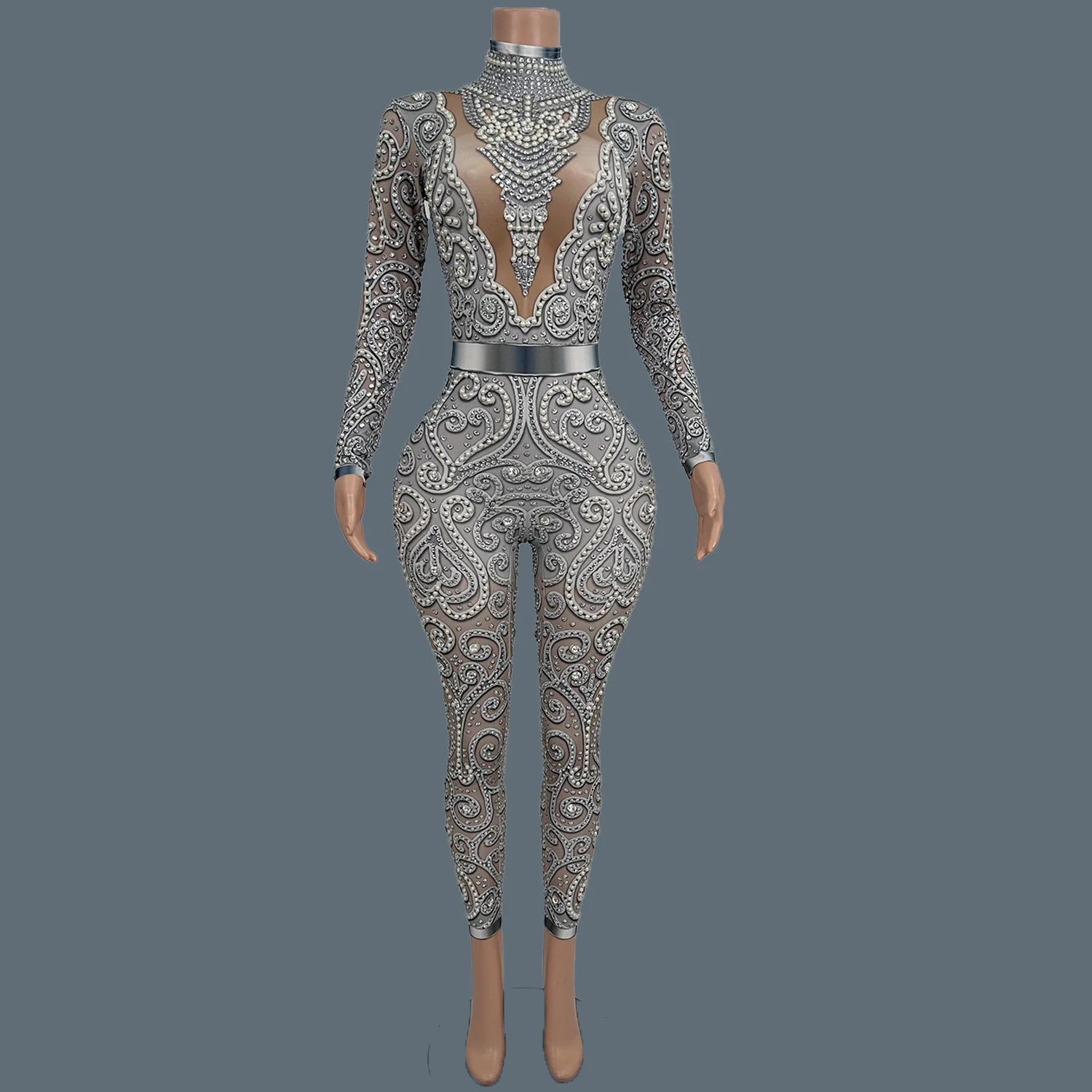 Women Sparkly Rhinestone Pearls Spandex Jumpsuit Nightclub Party Stage Performance Bodycon Wear Sexy Printing Jumpsuit