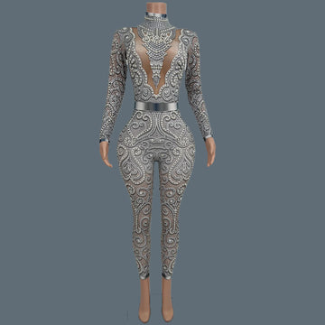 Women Sparkly Rhinestone Pearls Spandex Jumpsuit Nightclub Party Stage Performance Bodycon Wear Sexy Printing Jumpsuit