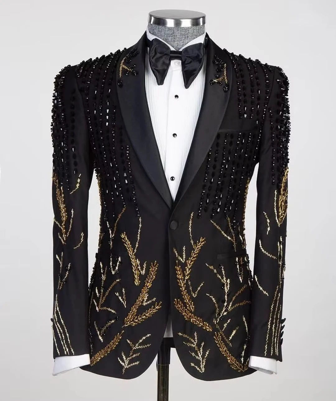 Tailor-Made Men's Suits Customized 2 Pieces Blazer Pants One Button Sheer Satin Lapel Appliques Beads Diamonds Plus Size Formal