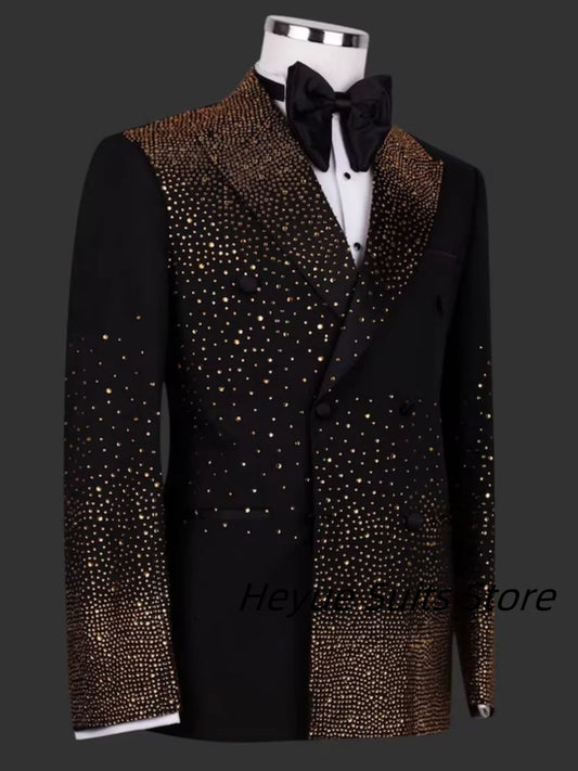 Elegant Golden Beads Men Suits Slim Fit Lapel Customized Groom Party Tuxedos 2 Pieces Sets Male Blazers Fashion Costumes Homme