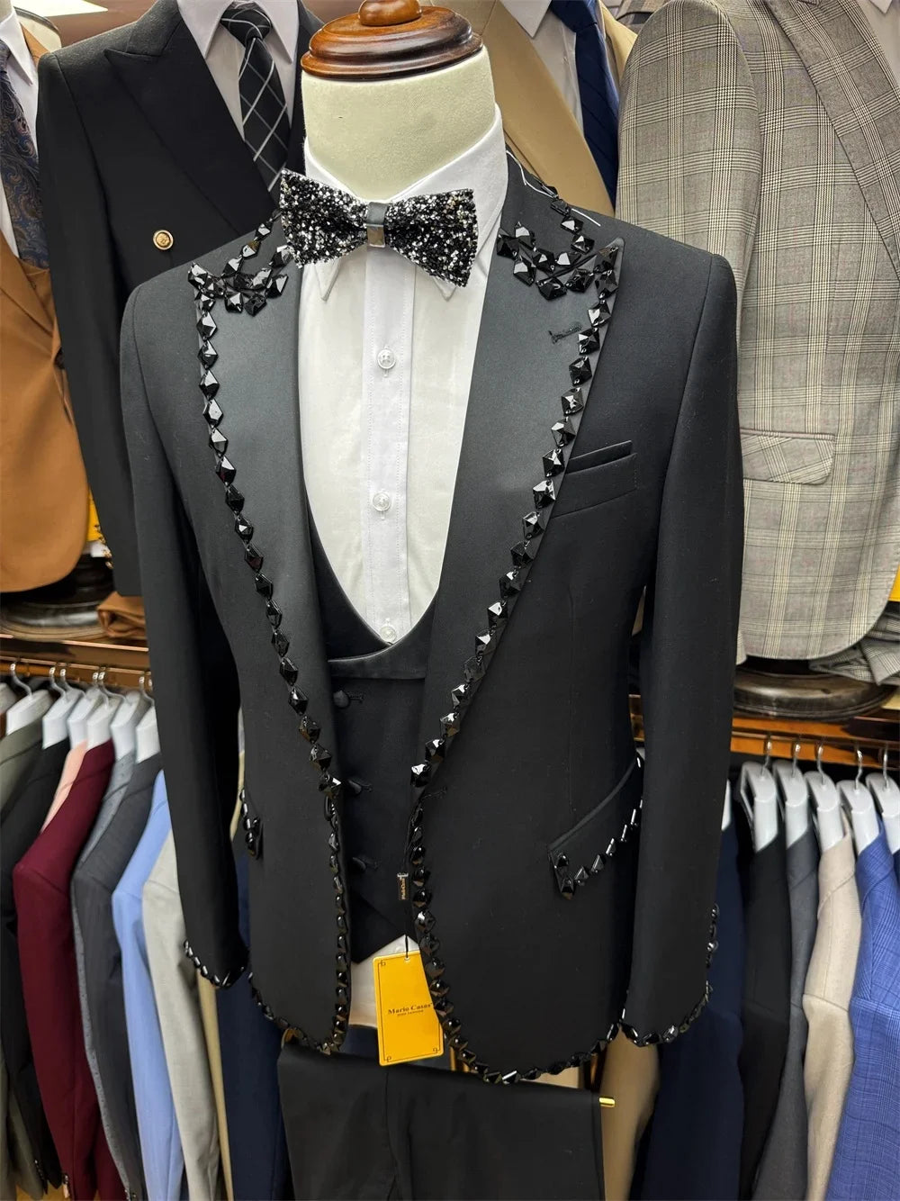 Elegant Crystal Men Suits Wedding Tailor-Made 2 Pieces Set Peaked Lapel Jacquard Jacket Blazer One-Button Customized Coat Pants