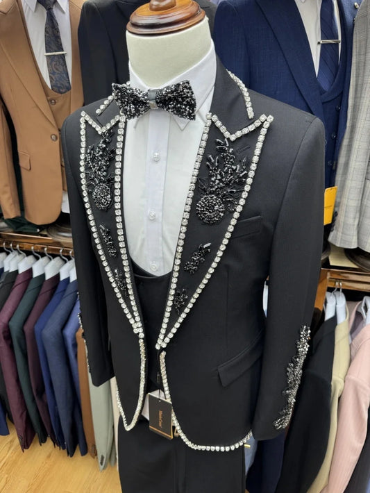 Stylish Men Suits Rhinestone Tailor-Made 2 Pieces Set Beaded Peaked Lapel Jacket Blazer One-Button Groom Customized Coat Pants