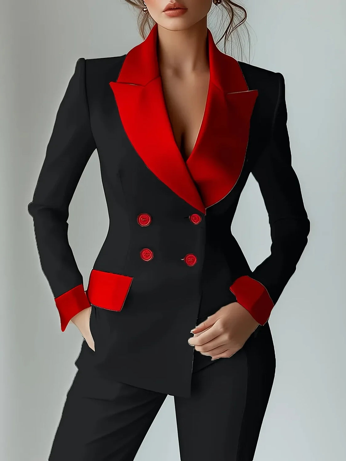Chaqueta Blazer Corta de Patchwork para Mujer, Cuello V, Moda de Oficina, Manga Larga, Elegante, Casual, con Doble Botonadura