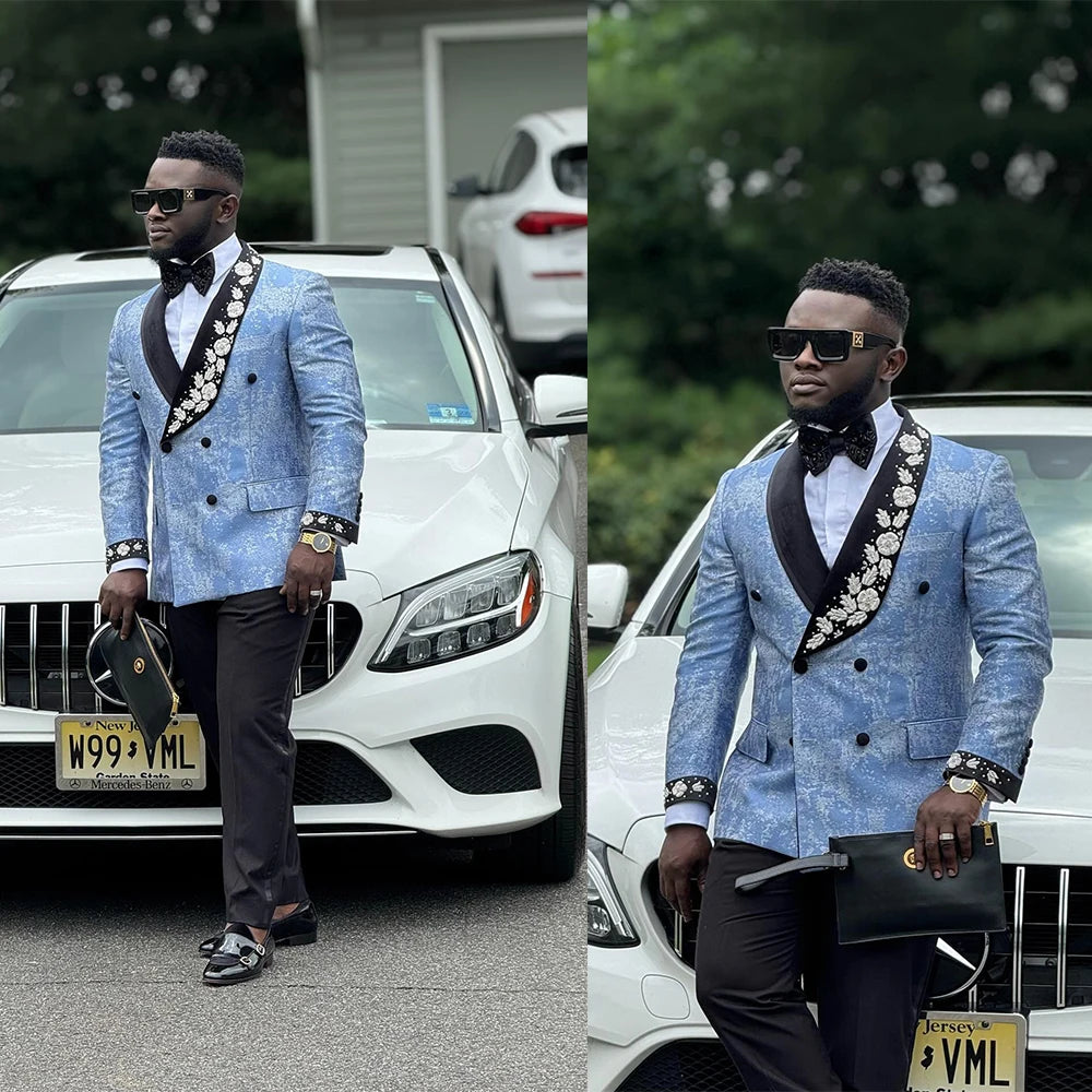 Elegant Men's Suits Appliques Jacket 2 Pieces Set Shawl Lapel Blazer Tailor-Made Double Breasted Groom Customized Coat Pants