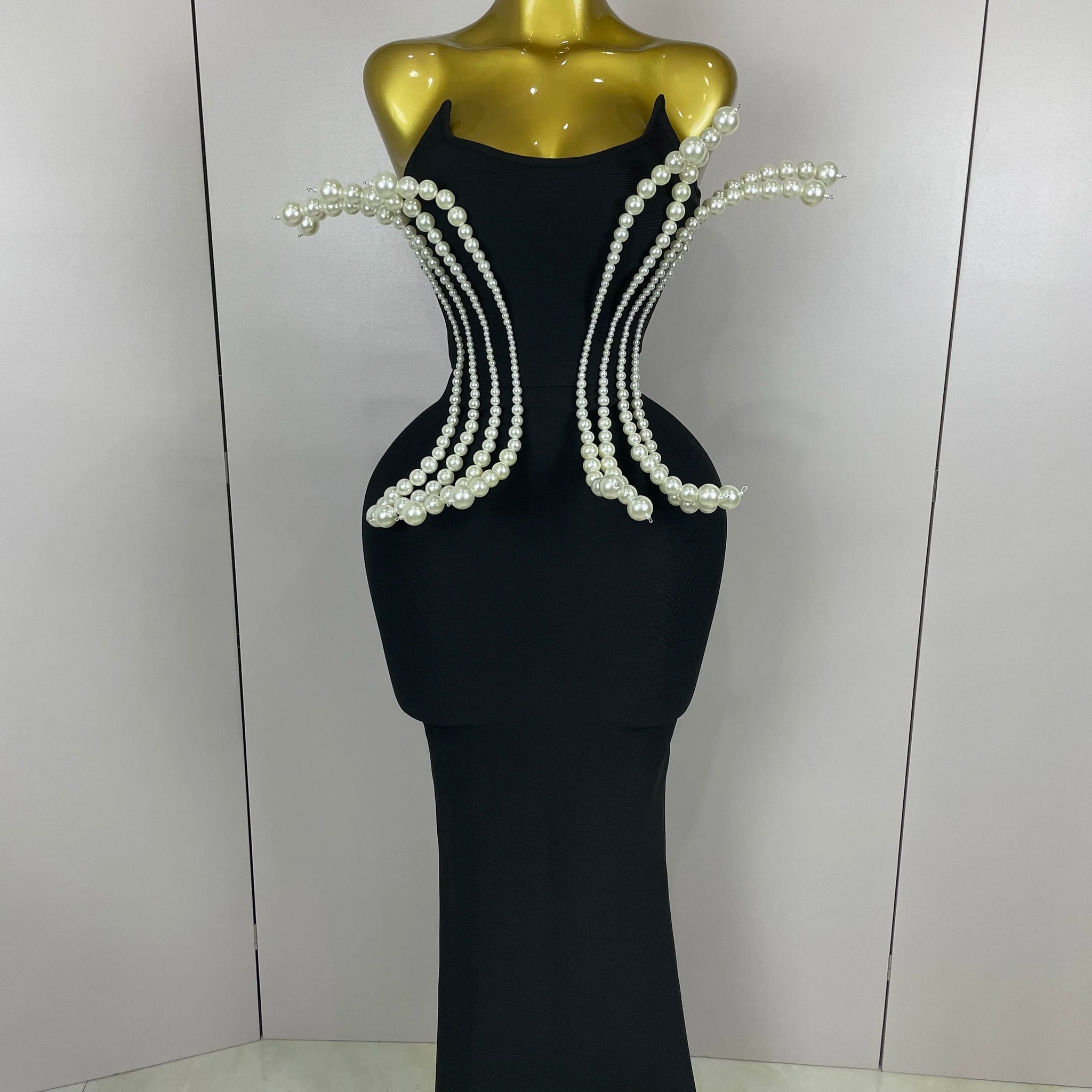 New Sexy Strapless Pearl Beading Bodycon Long Bandage Dress  Women Fashion Elegant Evening Party Luxury Birthday Dresses