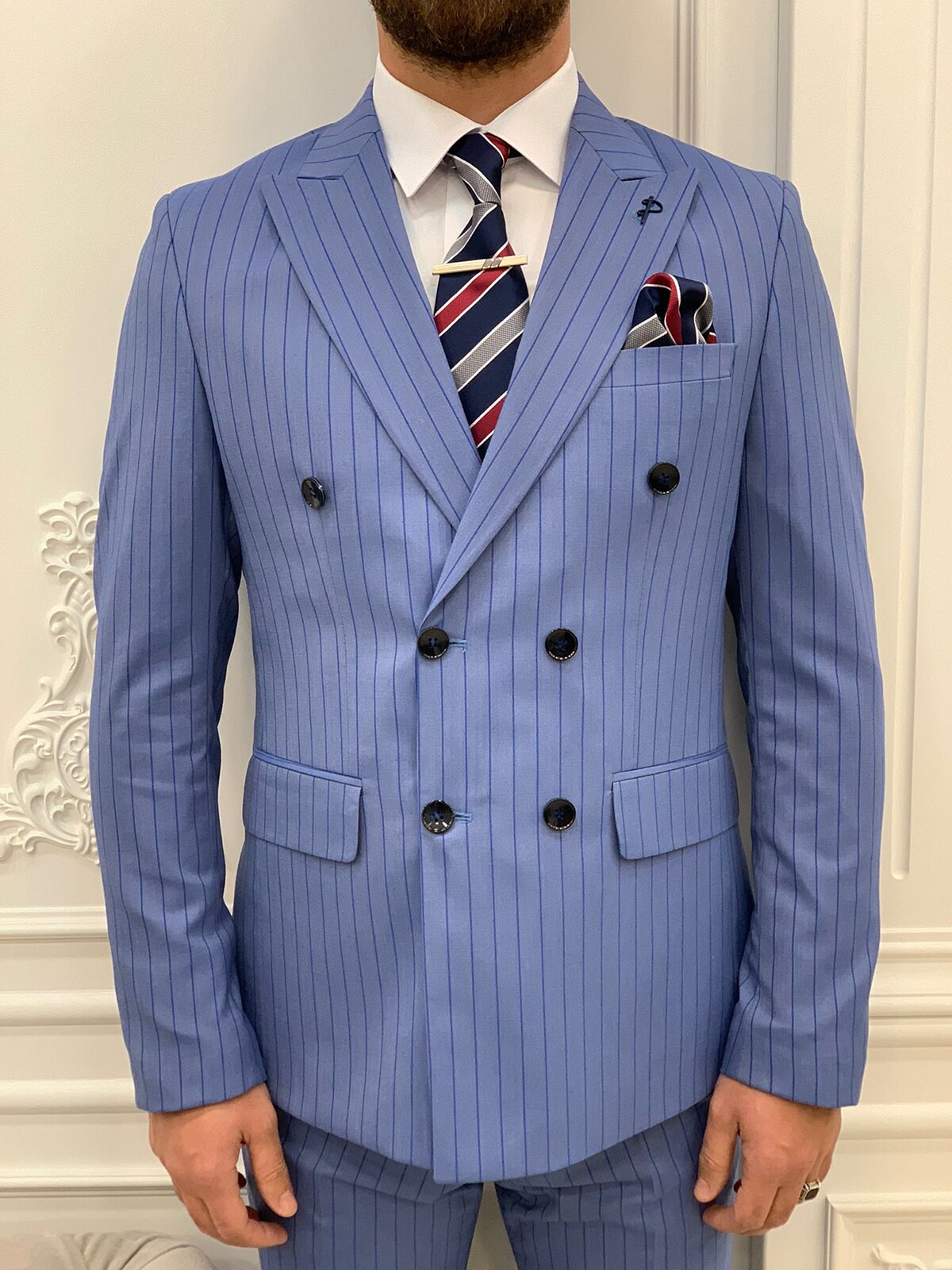 Modern Men's Suit 2 Pieces Blazer Pants Double Breasted Peaked Lapel Business Pinstripes Wedding Groom Tailored Costume Homme