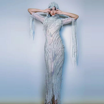 Fashion Women Festival Costume Fringed Sleeves Evening Dresses Tassels Hat Singer Stage Catwalk Outfit Jazz Clothing