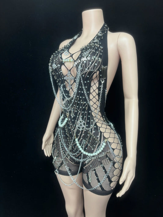 Body sexy dos nu sans manches avec chaîne et perles pour femme, tenue de soirée, de spectacle, de scène, de discothèque