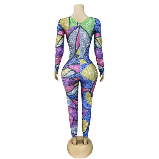 Sexy Multicolor Pattern Designed Shining Rhinestones Jumpsuit Women Birthday Party Show Outfit Stage Perform Photoshoot Costume