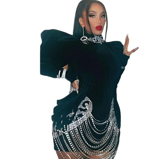 Luxury Clothing Sparkle Crystal Diamond Short Dress Women Turtleneck Elegant Beaded Club Wear Black Gown