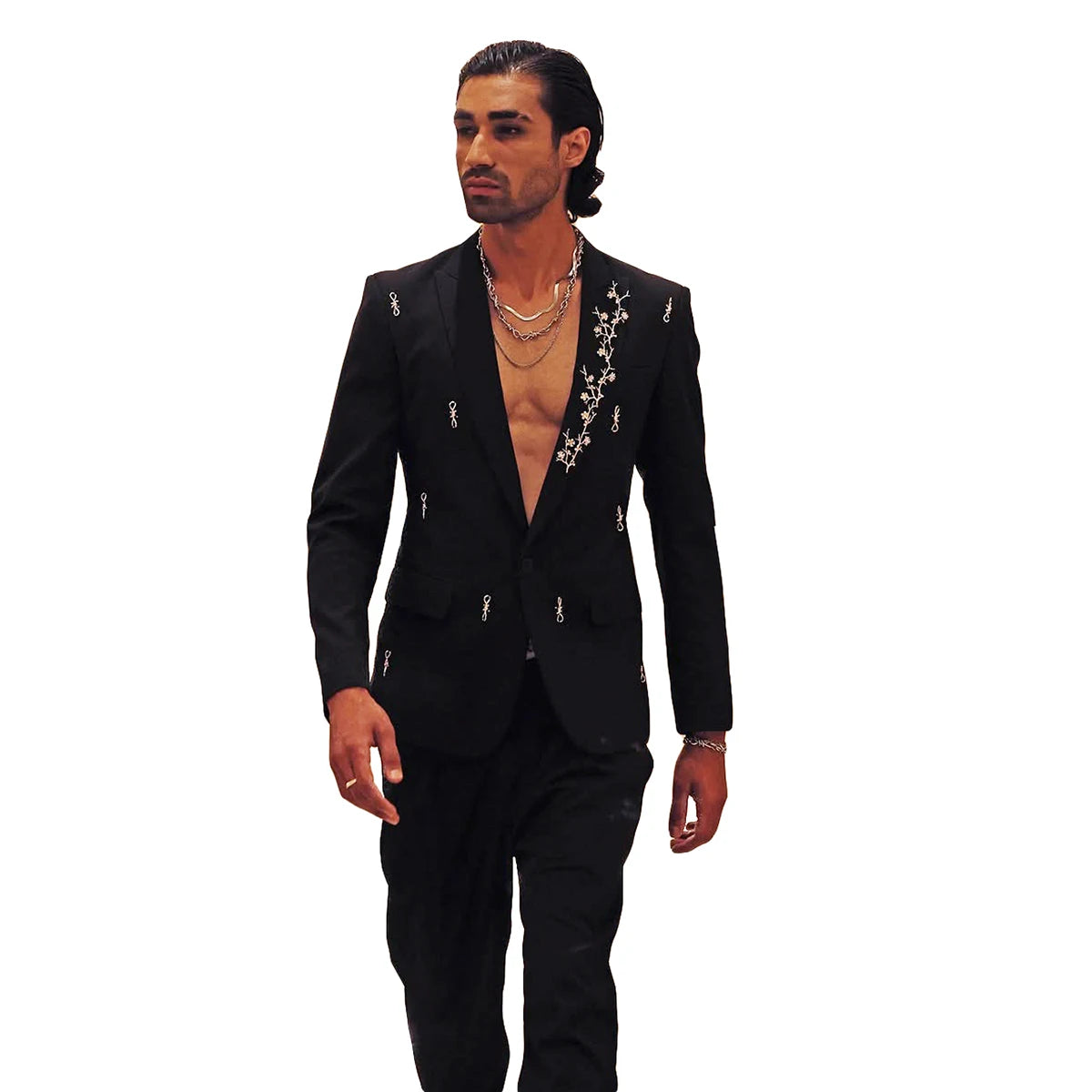 Stylish Men Suits Appliques Peaked Lapel Tailor-Made 2 Pieces Set Jacket Blazer One Button Groom Customized Coat Pants