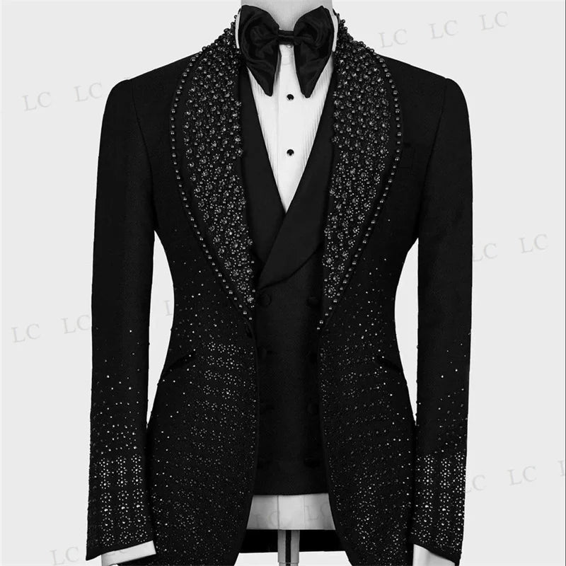 Luxury High Fashion Men Suits 2 Pieces Blazer Pants One Button Beadings Diamonds Party Tuxedo Wedding Groom Plus Size Tailored