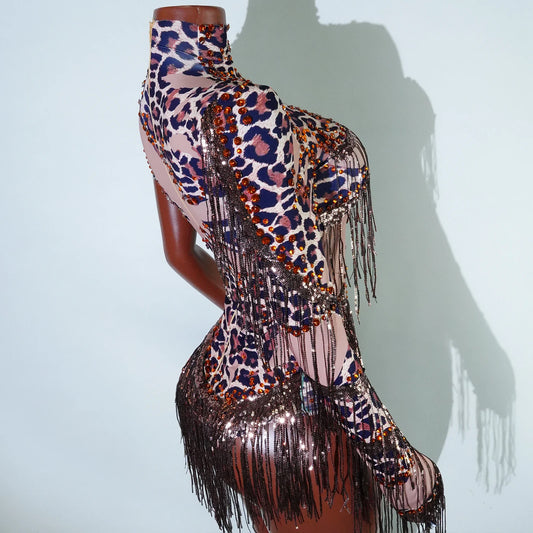 Sexy Rhinestone Leopard Print Stretch Bodysuit Drag Queen Dance Stage Costume Nightclub Birthday Party Singer Bar Outfit