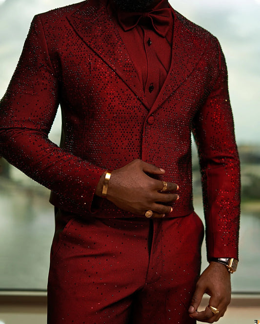 Gltter Red Men Suits with Beaded Crystals Hot Fix Groom Tuxedos 2 Pieces Blazer Pants Sets Male Wedding Ropa Hombre Customized