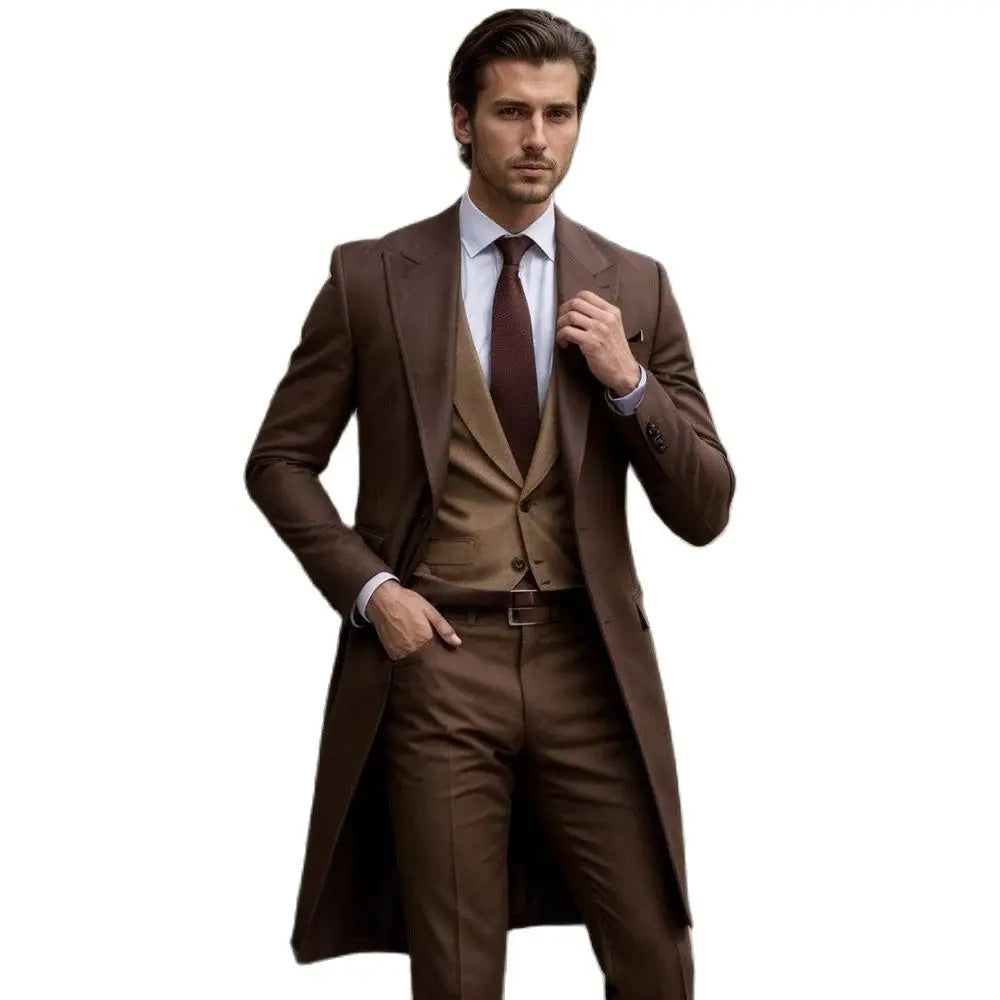 Handsome Brown Tailcoat Men Suit Single-breasted Peak Lapel 3 Pieces(Jacket+Pants+Vest) Male Formal Wedding Party Set