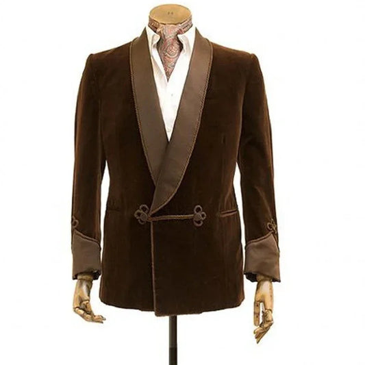 1 Pc Brown Velvet Smoking Jacket with Double Breasted Men Blazer for Wedding Groom Prom Single Coat Male Fashion Costume